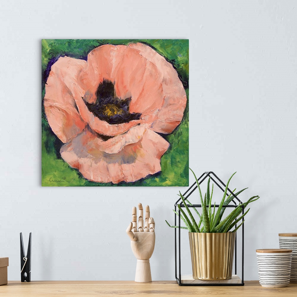 A bohemian room featuring Big, square painting of a fully bloomed poppy flower on a background of greenery.  Painted with t...