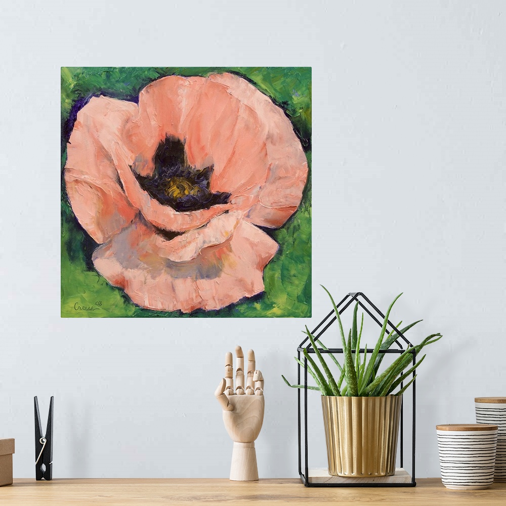 A bohemian room featuring Big, square painting of a fully bloomed poppy flower on a background of greenery.  Painted with t...