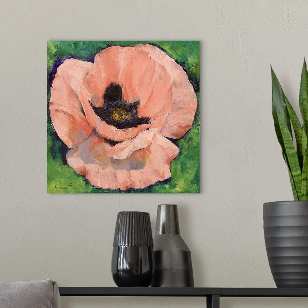A modern room featuring Big, square painting of a fully bloomed poppy flower on a background of greenery.  Painted with t...