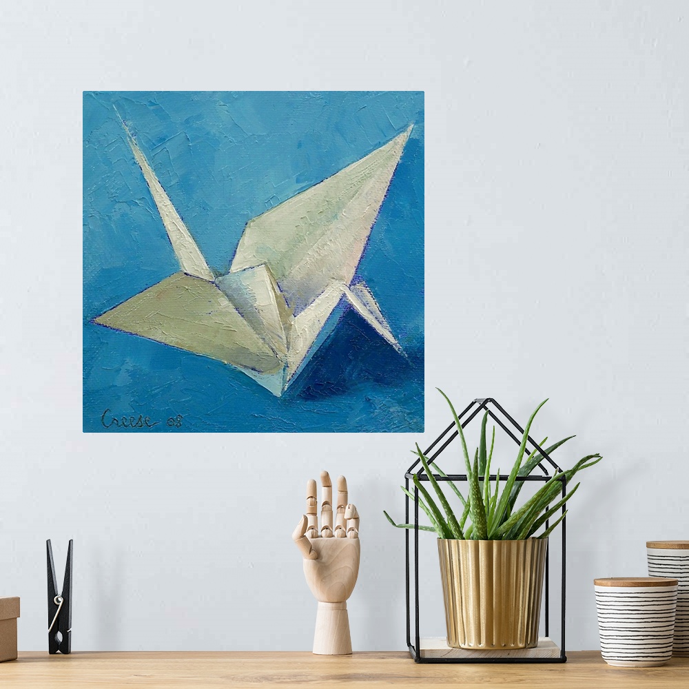 A bohemian room featuring An oil on canvas piece of a white origami crane against a shaded blue background.