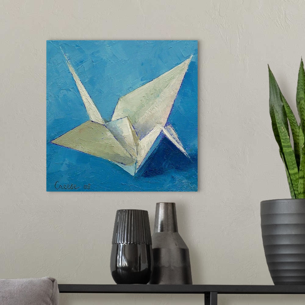 A modern room featuring An oil on canvas piece of a white origami crane against a shaded blue background.