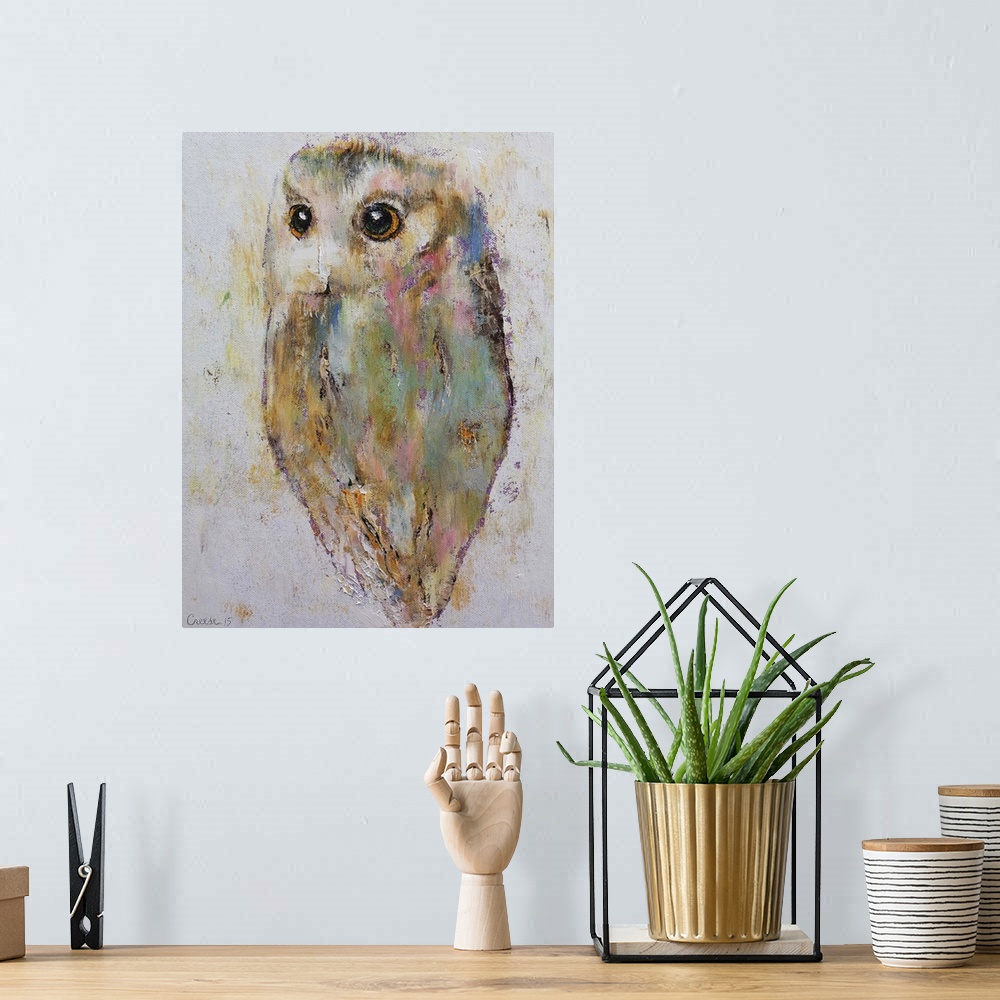 A bohemian room featuring A contemporary painting of an owl against a white background.