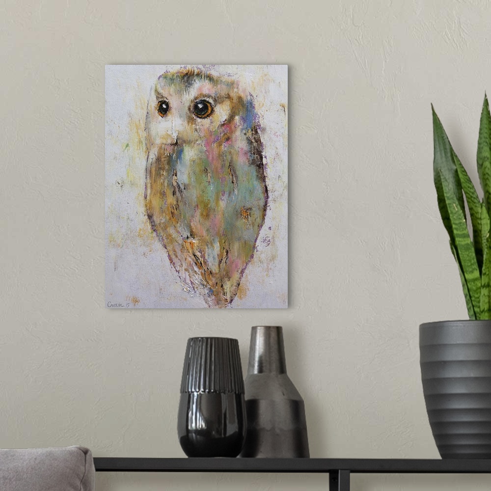 A modern room featuring A contemporary painting of an owl against a white background.
