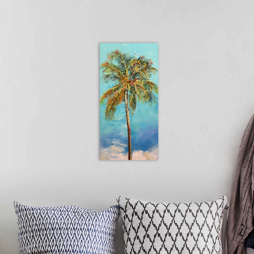 A bohemian room featuring A contemporary painting of a palm tree against a blue background.