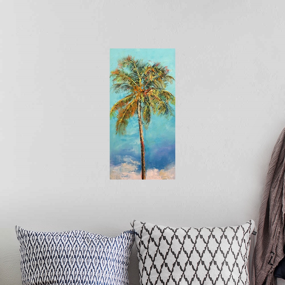 A bohemian room featuring A contemporary painting of a palm tree against a blue background.