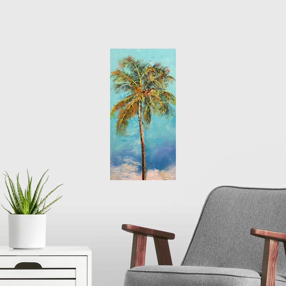 A modern room featuring A contemporary painting of a palm tree against a blue background.
