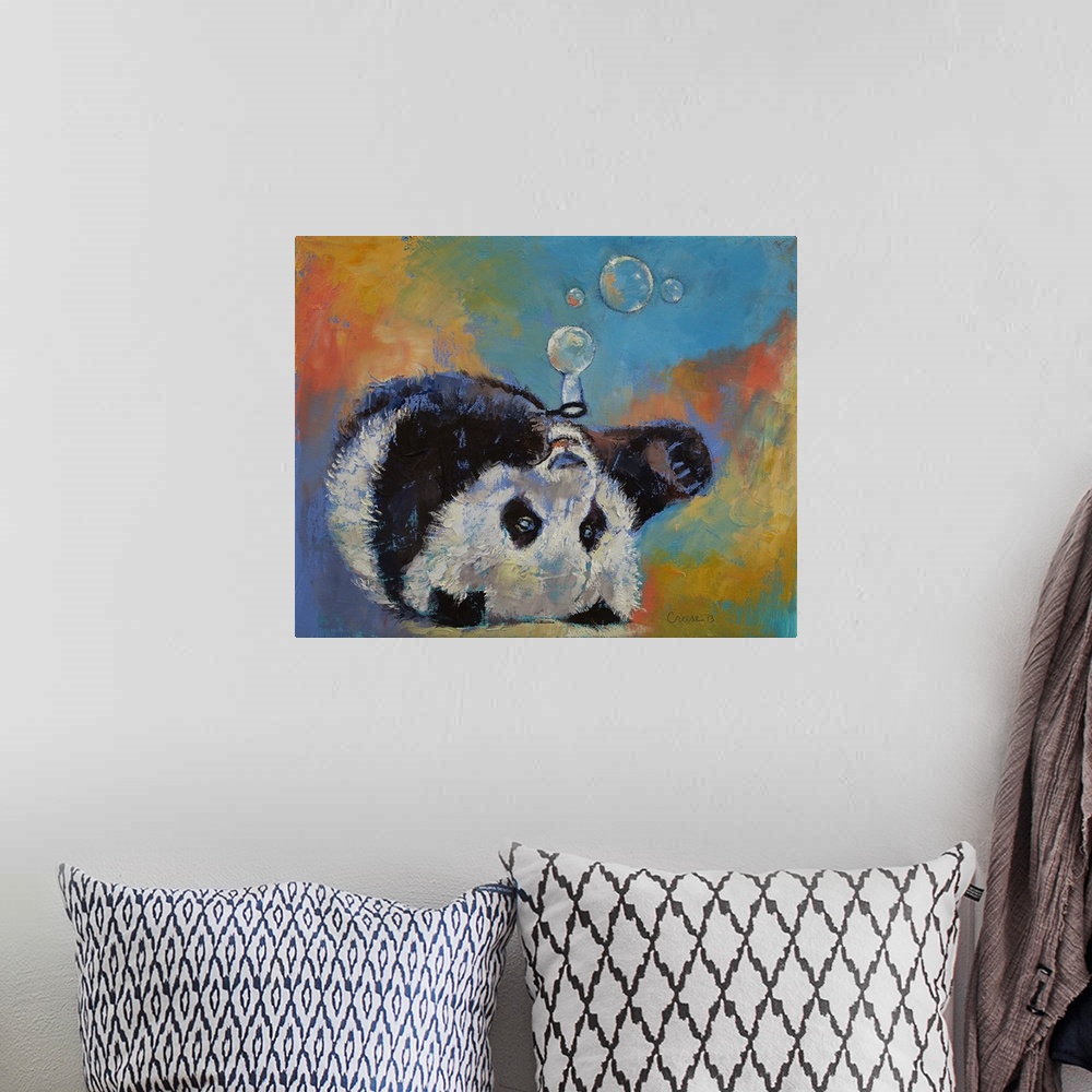 A bohemian room featuring A contemporary painting of a panda bear blowing bubbles.