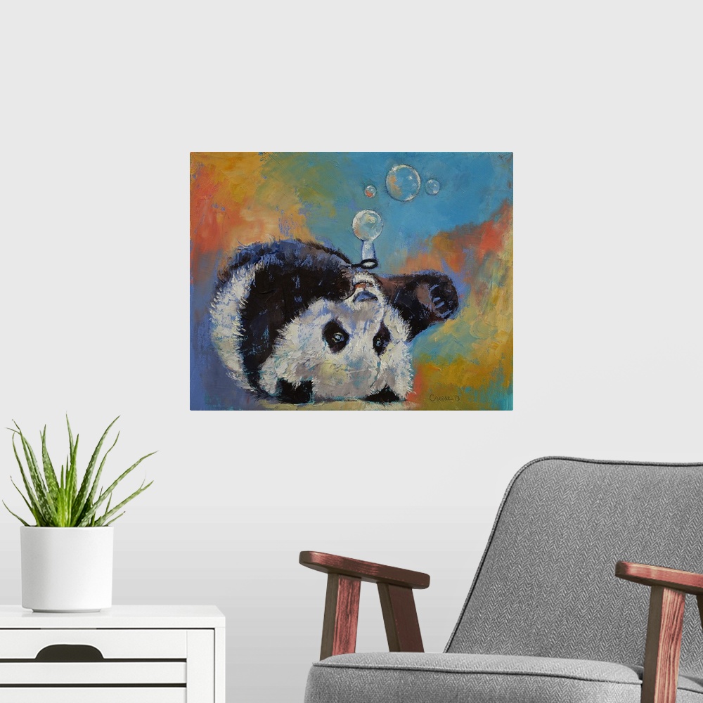 A modern room featuring A contemporary painting of a panda bear blowing bubbles.