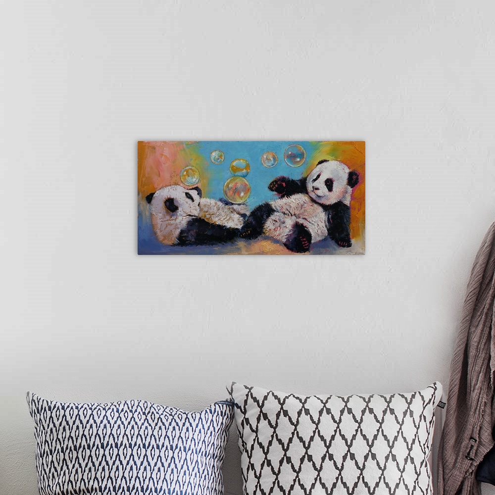 A bohemian room featuring A contemporary painting of two panda bears playing with bubbles.