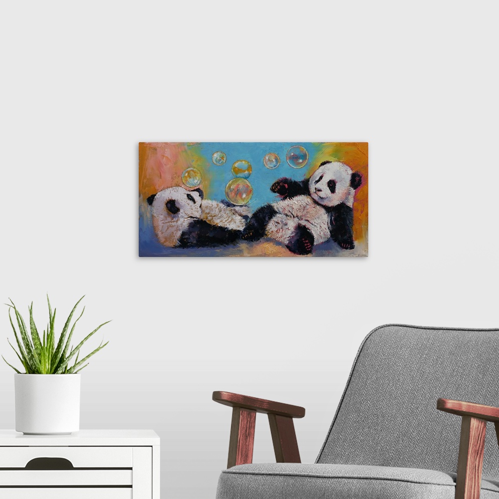 A modern room featuring A contemporary painting of two panda bears playing with bubbles.