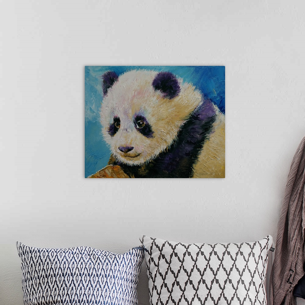 A bohemian room featuring A contemporary painting of a portrait of a panda bear cub.