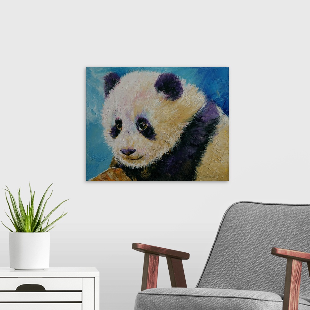 A modern room featuring A contemporary painting of a portrait of a panda bear cub.