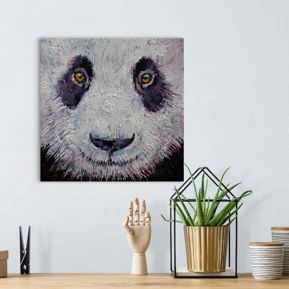 A bohemian room featuring A contemporary painting of a portrait of a panda bear.