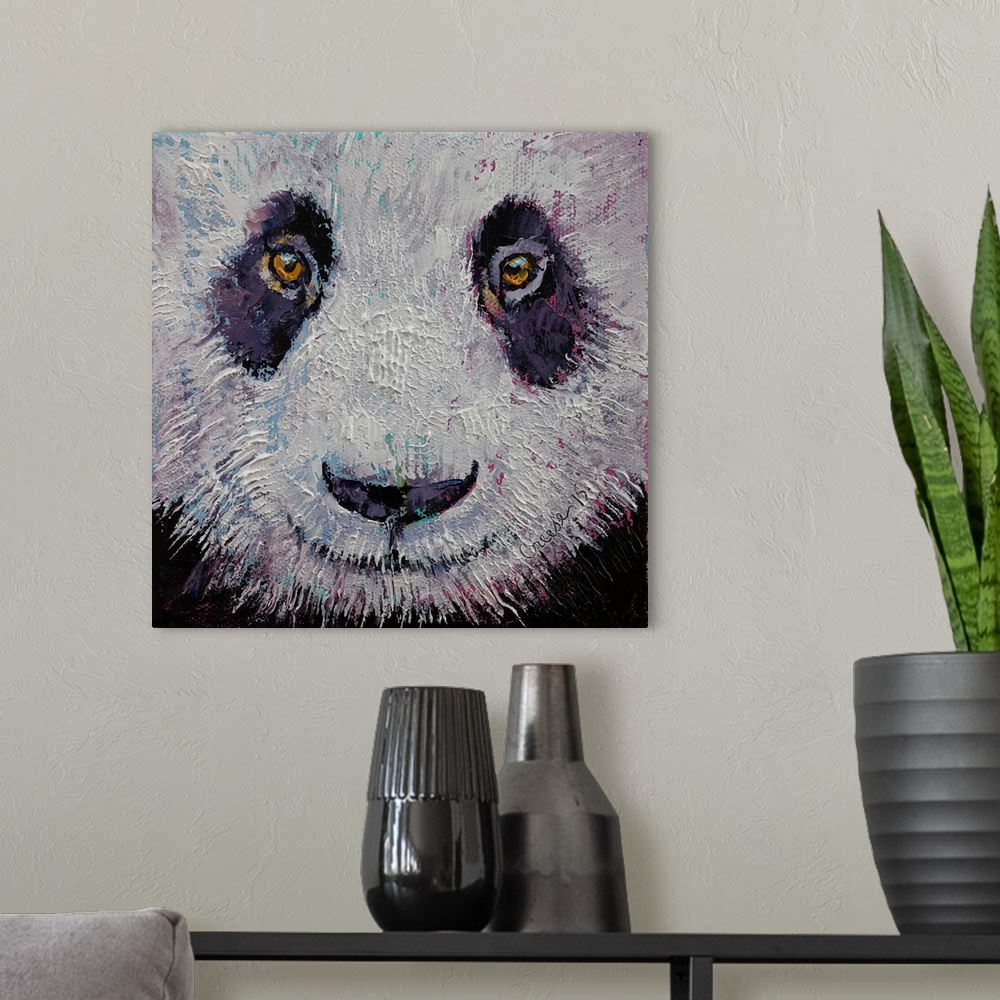 A modern room featuring A contemporary painting of a portrait of a panda bear.