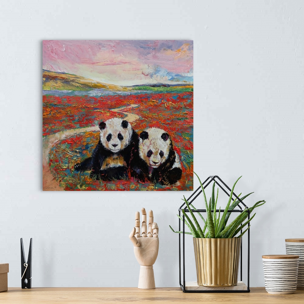 A bohemian room featuring A contemporary painting of two panda bears in a magical land.