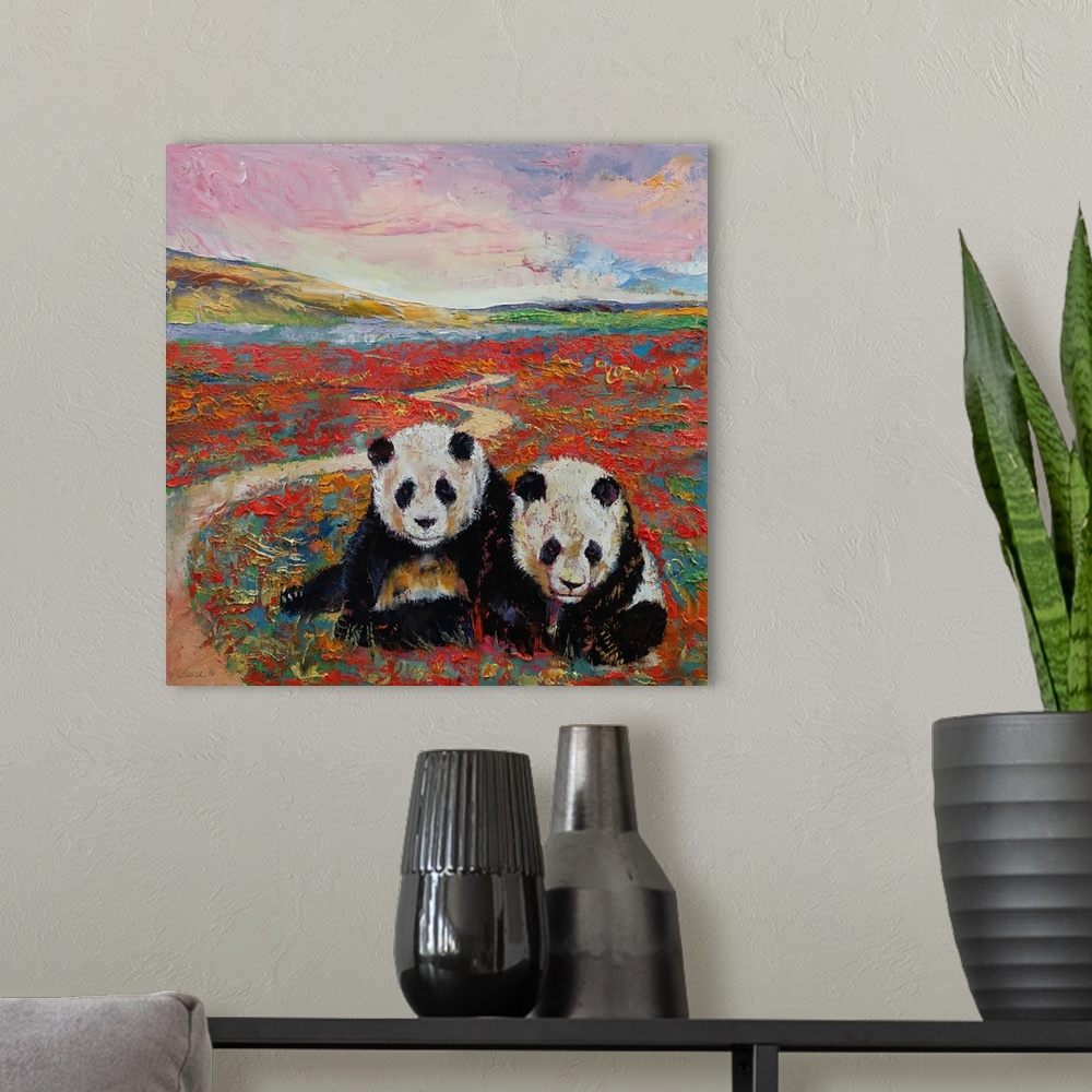 A modern room featuring A contemporary painting of two panda bears in a magical land.