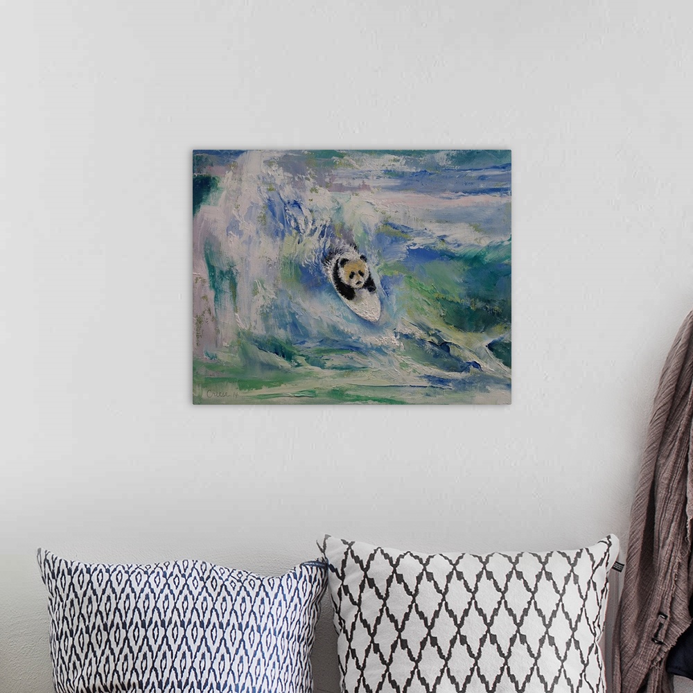 A bohemian room featuring A contemporary painting of a panda surfing a giant wave.