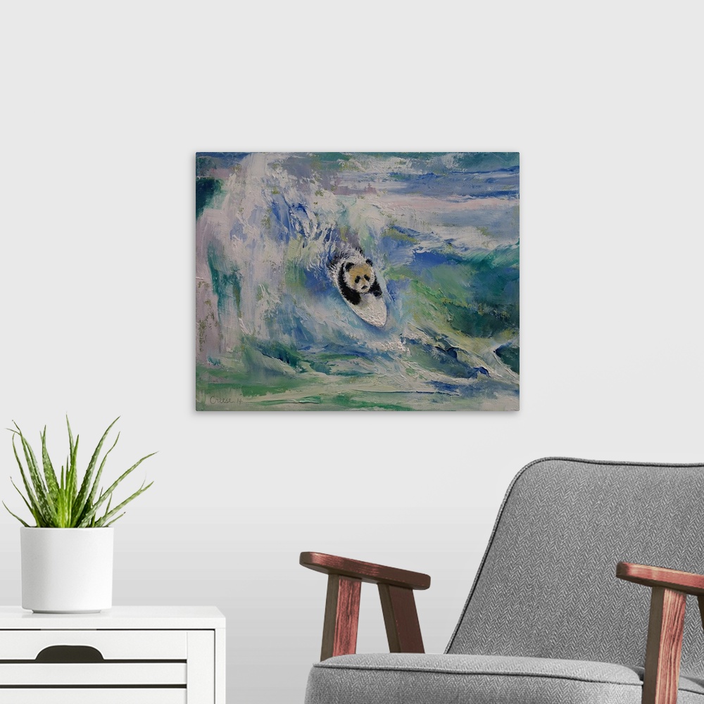 A modern room featuring A contemporary painting of a panda surfing a giant wave.