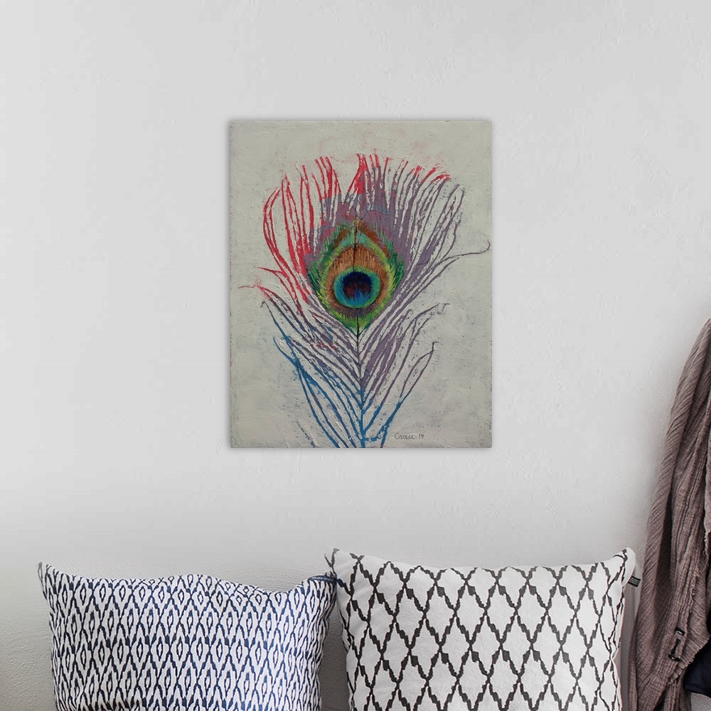 A bohemian room featuring A contemporary painting of a multi-colored peacock feather.