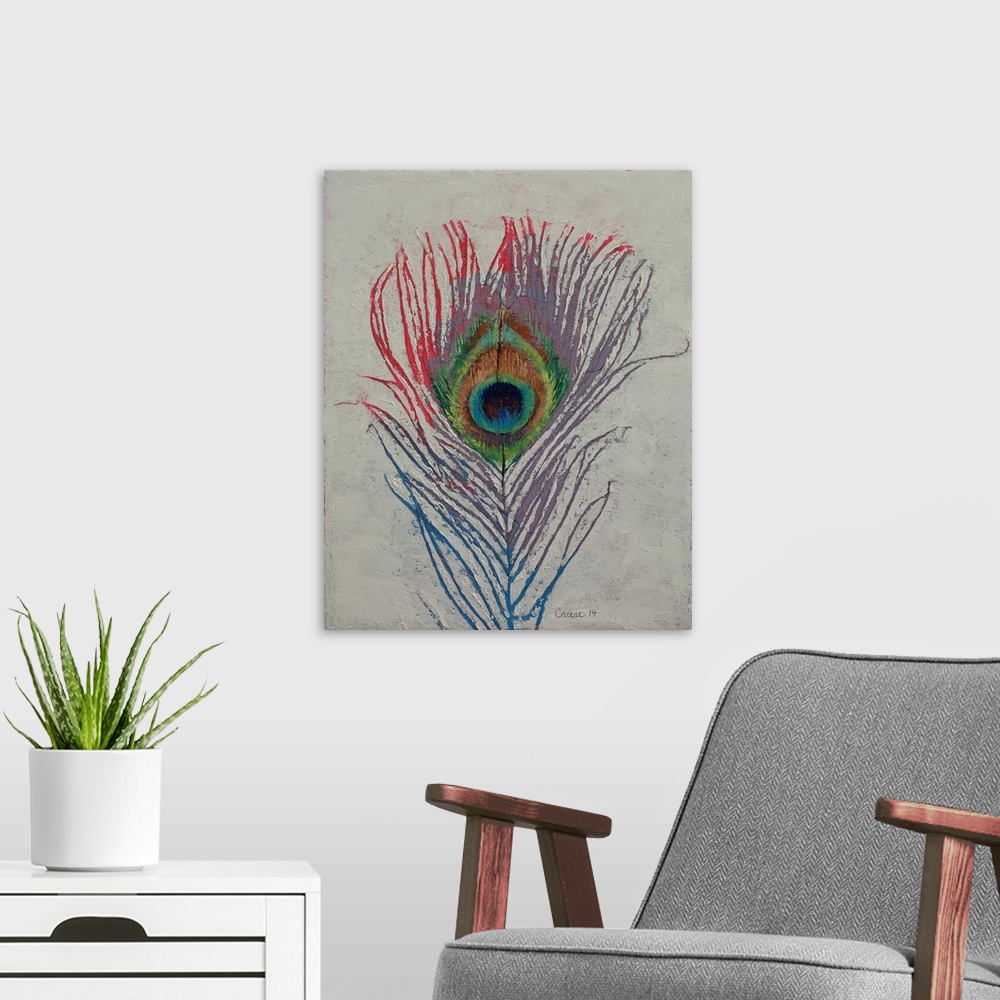 A modern room featuring A contemporary painting of a multi-colored peacock feather.