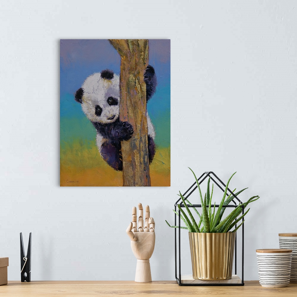 A bohemian room featuring A contemporary painting of a panda bear climbing a tree.