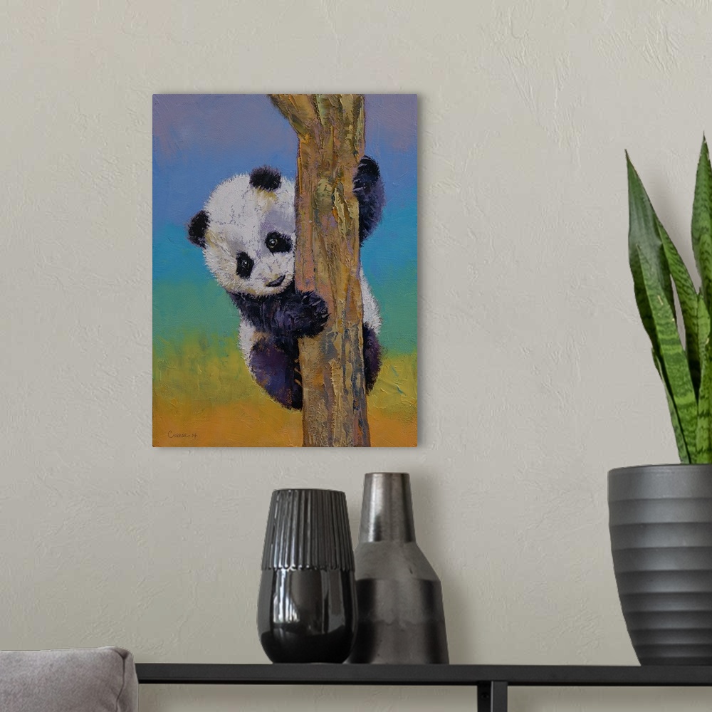 A modern room featuring A contemporary painting of a panda bear climbing a tree.