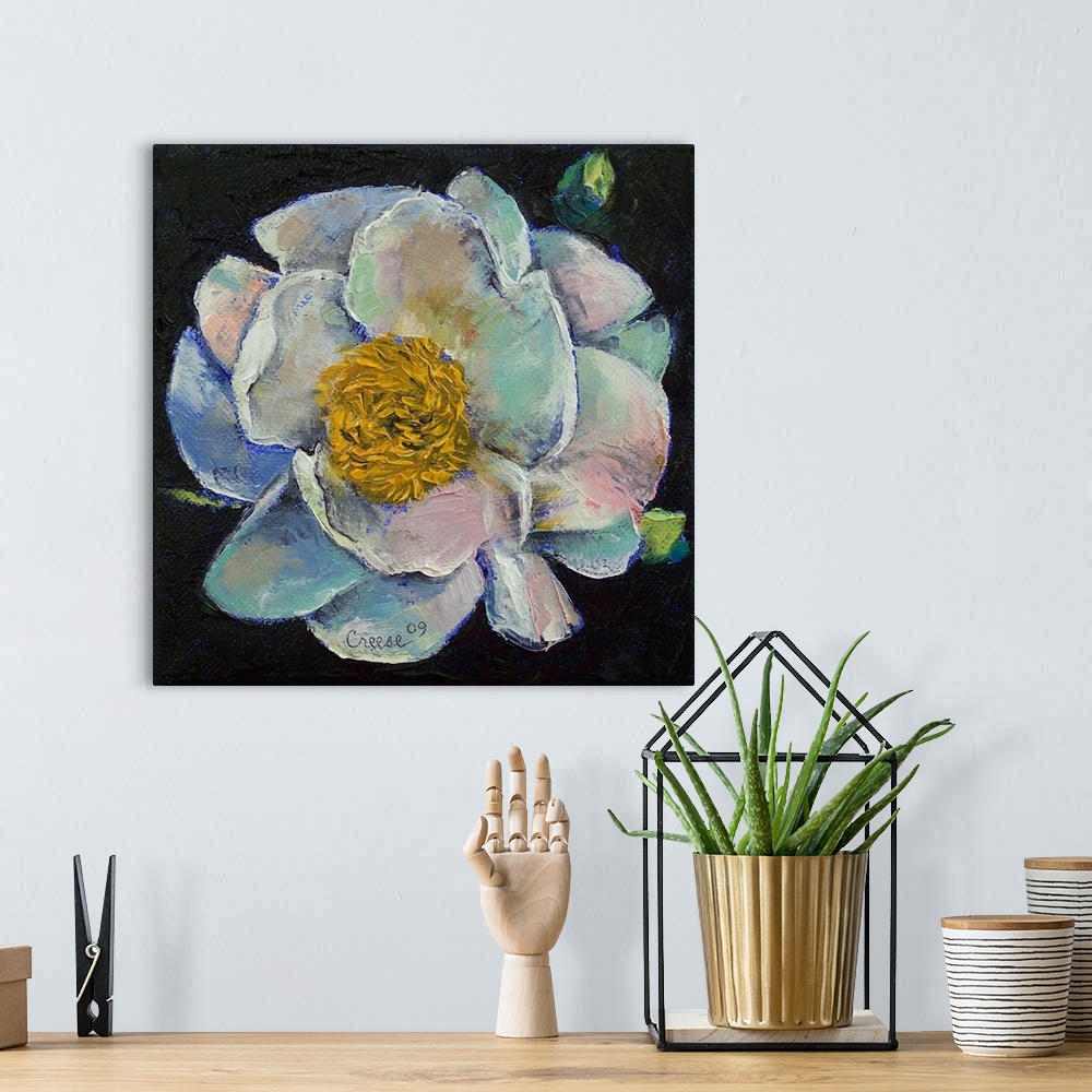 A bohemian room featuring Square, oversized oil painting of a peony flower in bloom, on a black background.