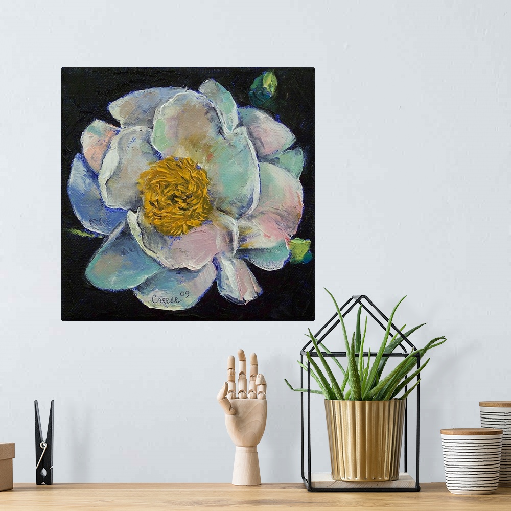 A bohemian room featuring Square, oversized oil painting of a peony flower in bloom, on a black background.