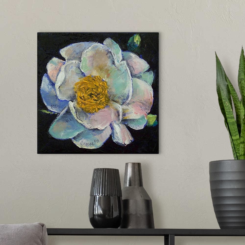 A modern room featuring Square, oversized oil painting of a peony flower in bloom, on a black background.