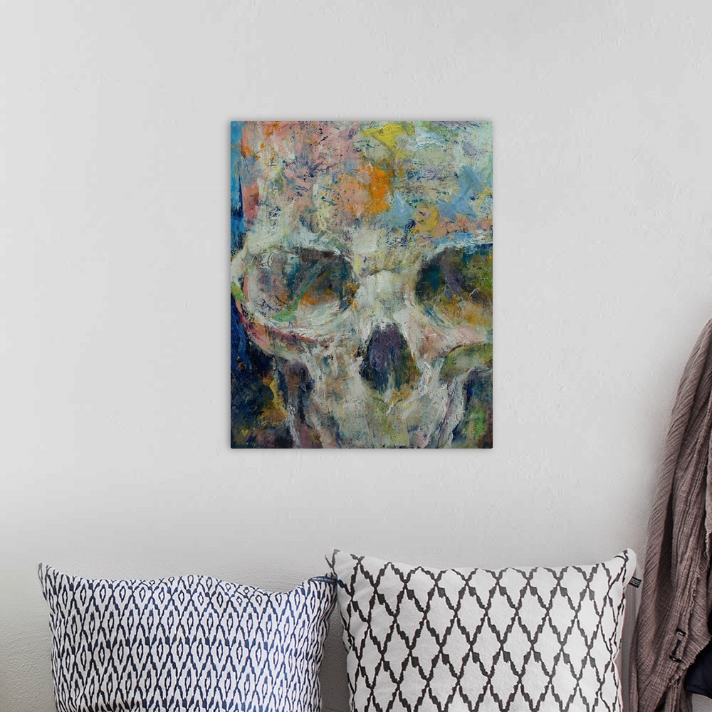 A bohemian room featuring A contemporary painting of a close-up on a multi-colored human skull.