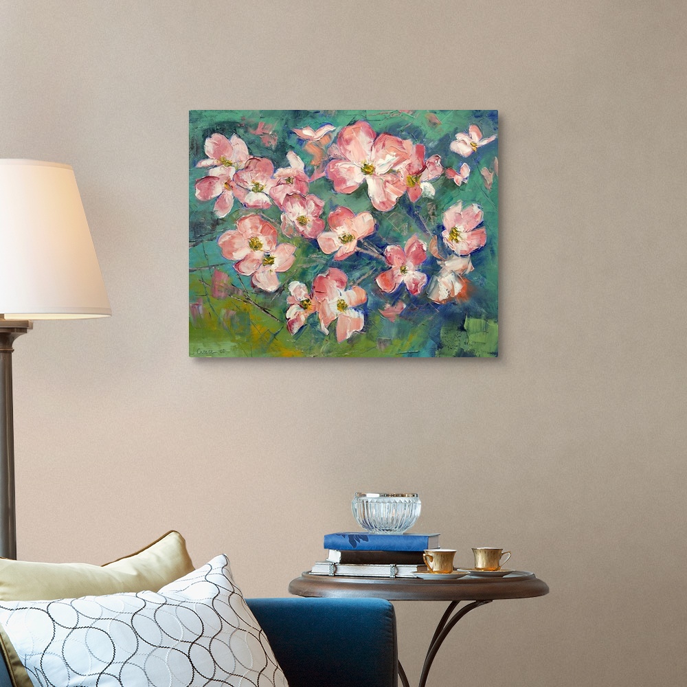 A traditional room featuring Giant floral art focuses on a group of flowers that have been created with a number of layers and...