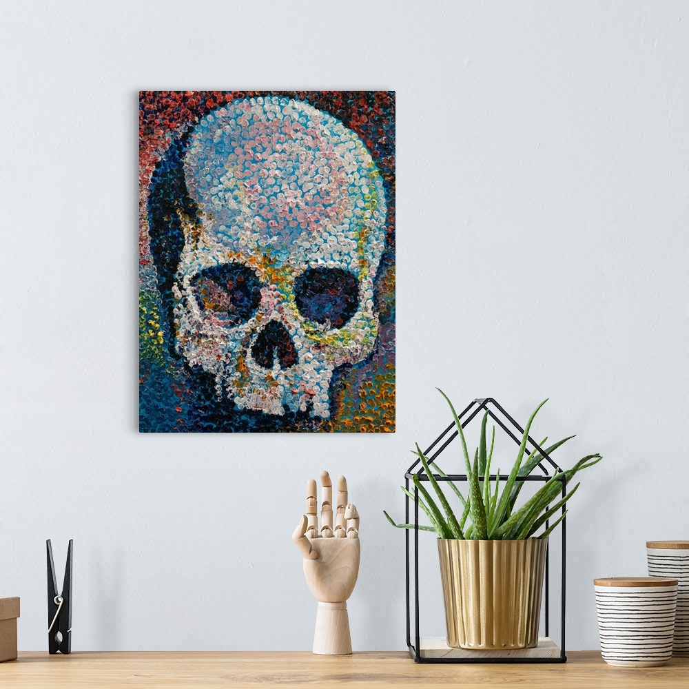 A bohemian room featuring A contemporary painting of human skull made from hundreds of tiny dots.