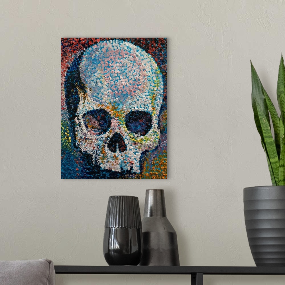 A modern room featuring A contemporary painting of human skull made from hundreds of tiny dots.
