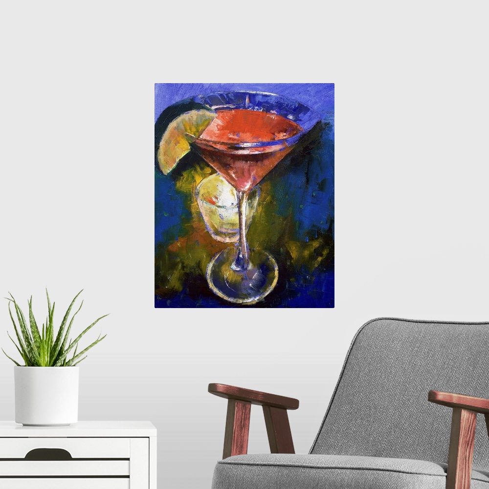 A modern room featuring This painting is of a martini glass that is filled with a pink liquid and a lime wedge on the sid...