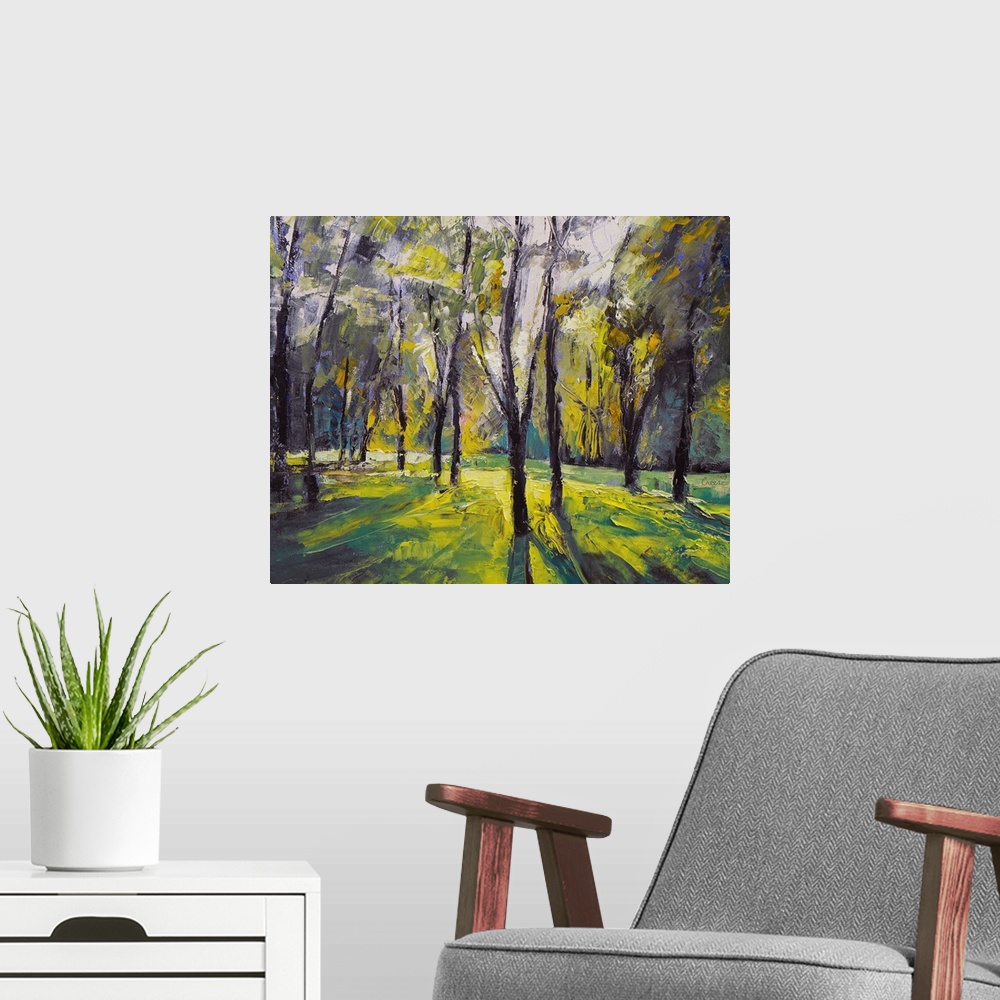 A modern room featuring Oil painting of brightly colored forest at dusk by an American artist.