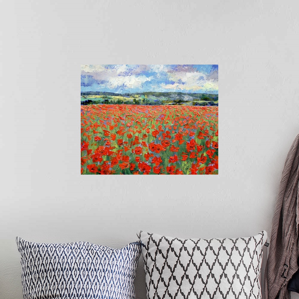 A bohemian room featuring A contemporary plein air landscape painting of a meadow of poppies on a sunny day.