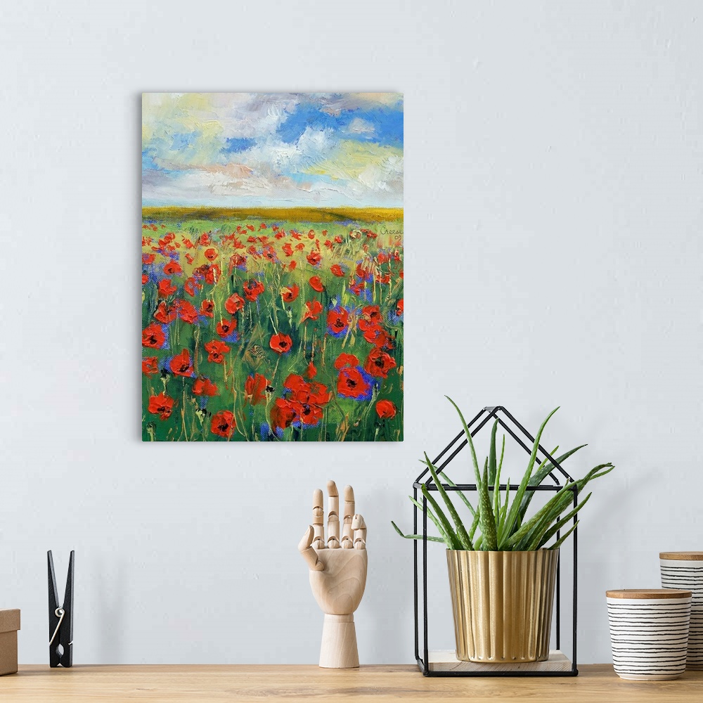 A bohemian room featuring Giant vertical painting of a field of poppies below a blue, cloudy sky.  Painted with the texture...