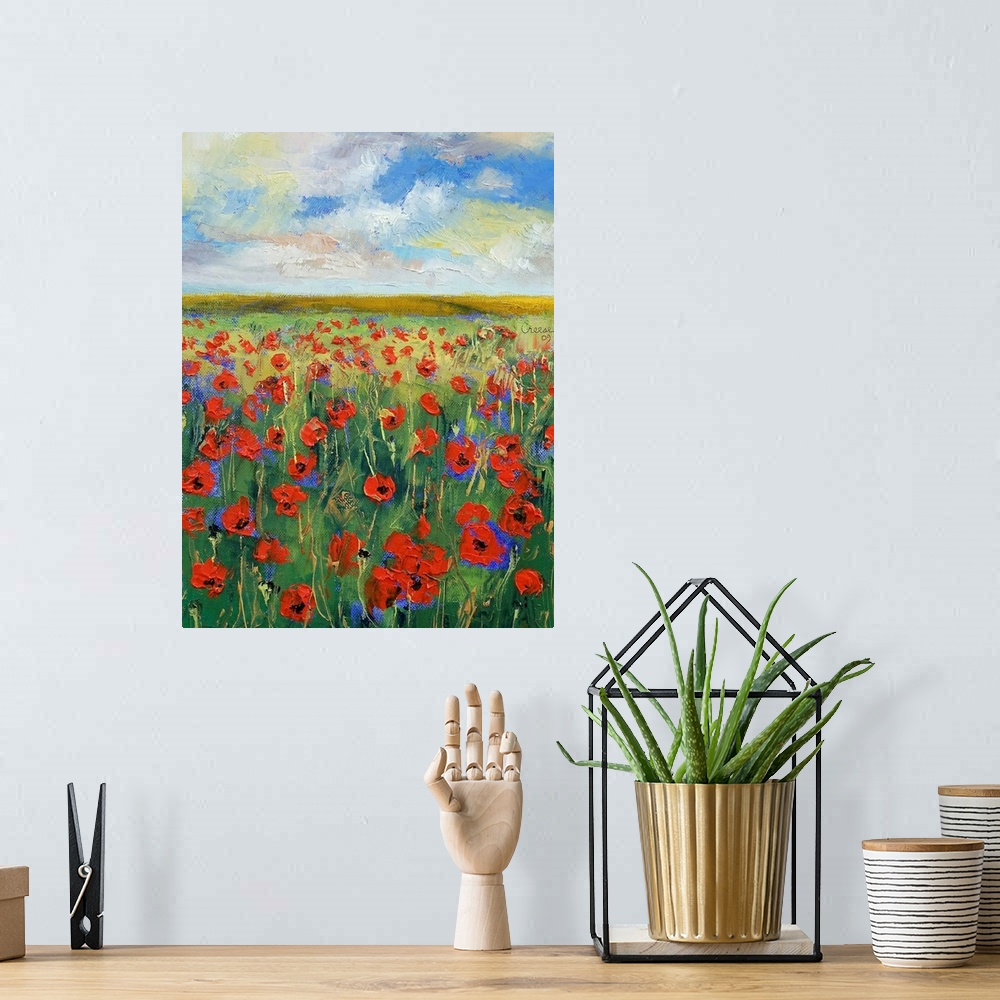 A bohemian room featuring Giant vertical painting of a field of poppies below a blue, cloudy sky.  Painted with the texture...