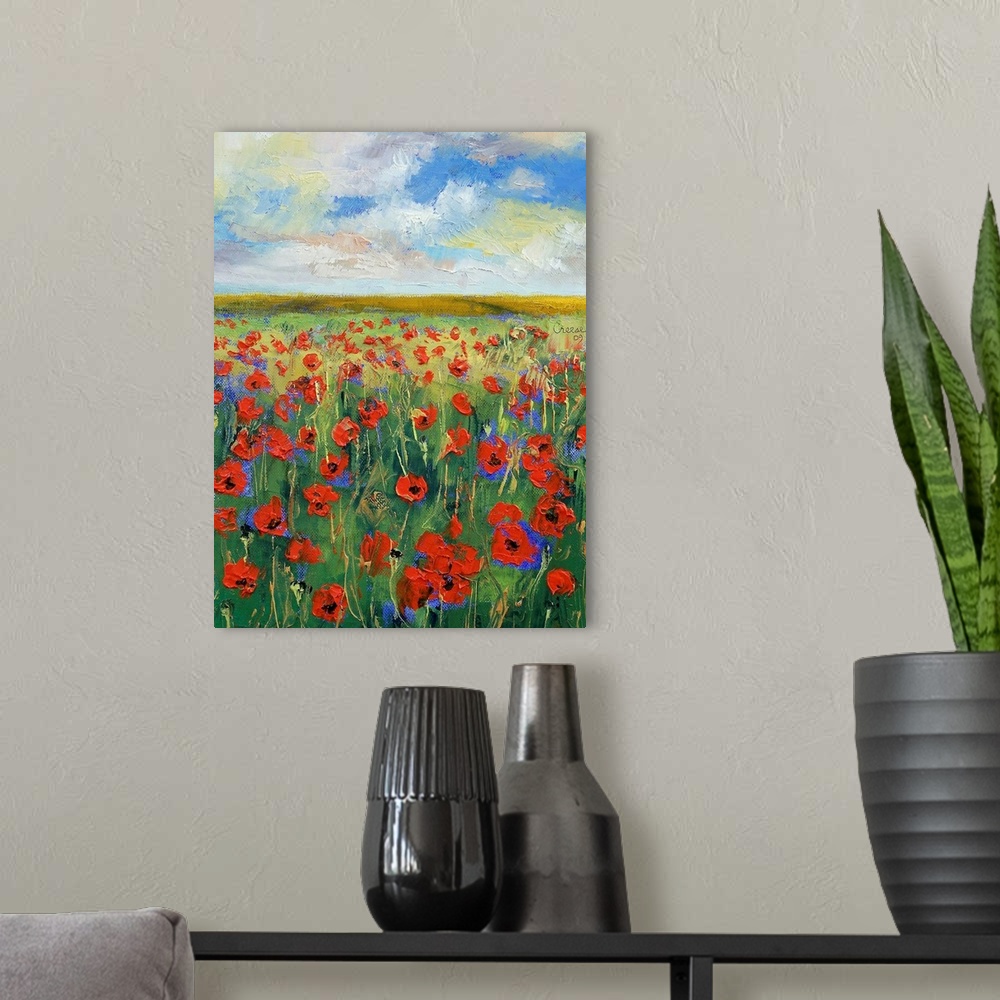 A modern room featuring Giant vertical painting of a field of poppies below a blue, cloudy sky.  Painted with the texture...