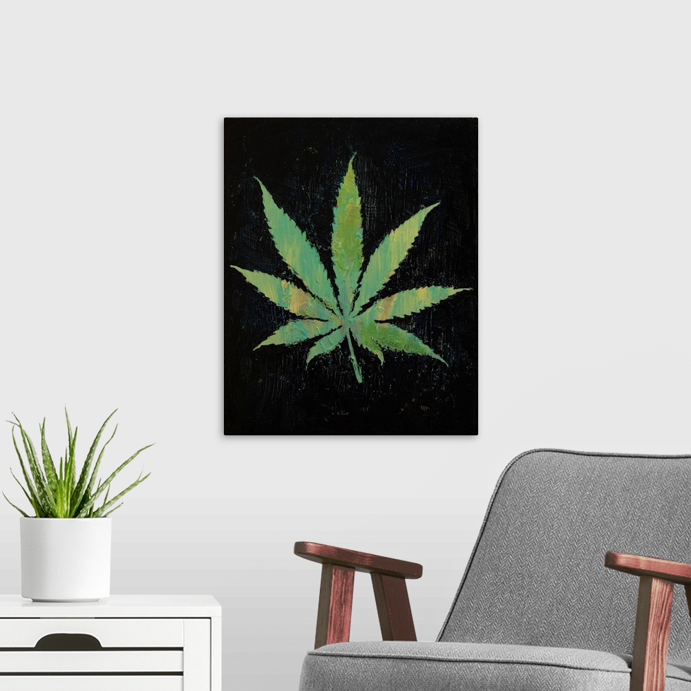 A modern room featuring A contemporary painting of a green leaf against a black background.