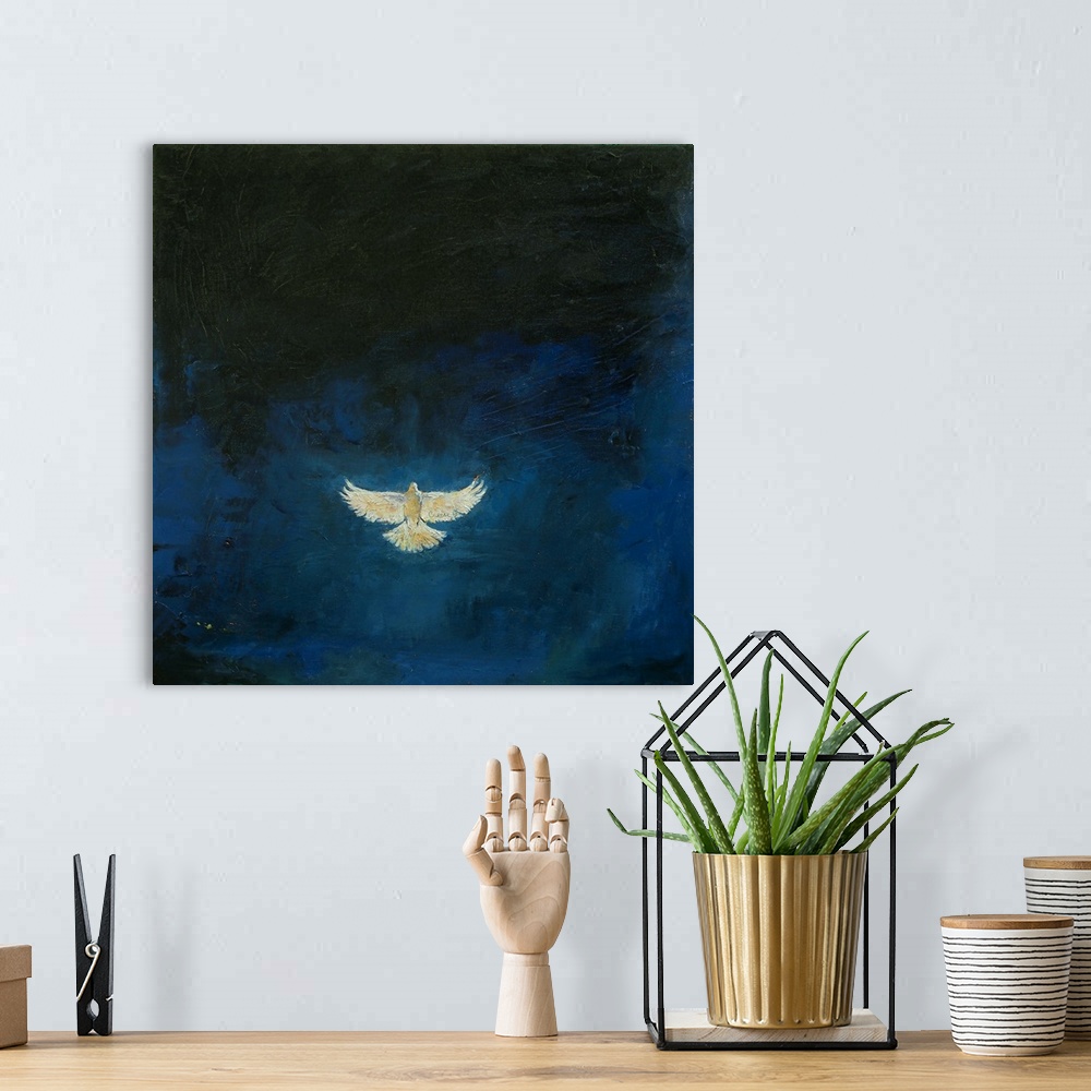 A bohemian room featuring A contemporary painting of a white dove against a starry night sky.