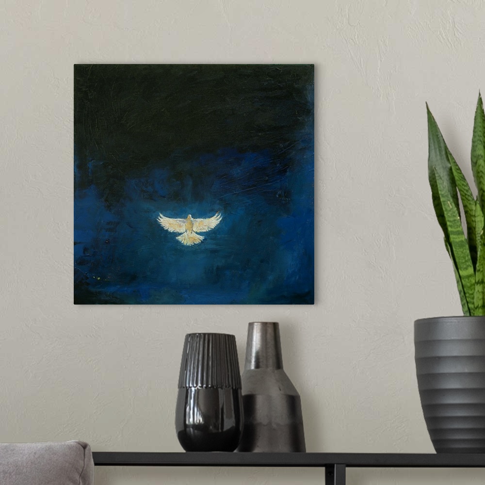 A modern room featuring A contemporary painting of a white dove against a starry night sky.