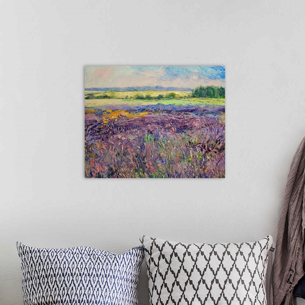 A bohemian room featuring A field of flowers and farm land in France painted with contemporary impressionist flair.