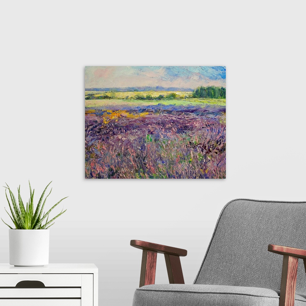 A modern room featuring A field of flowers and farm land in France painted with contemporary impressionist flair.