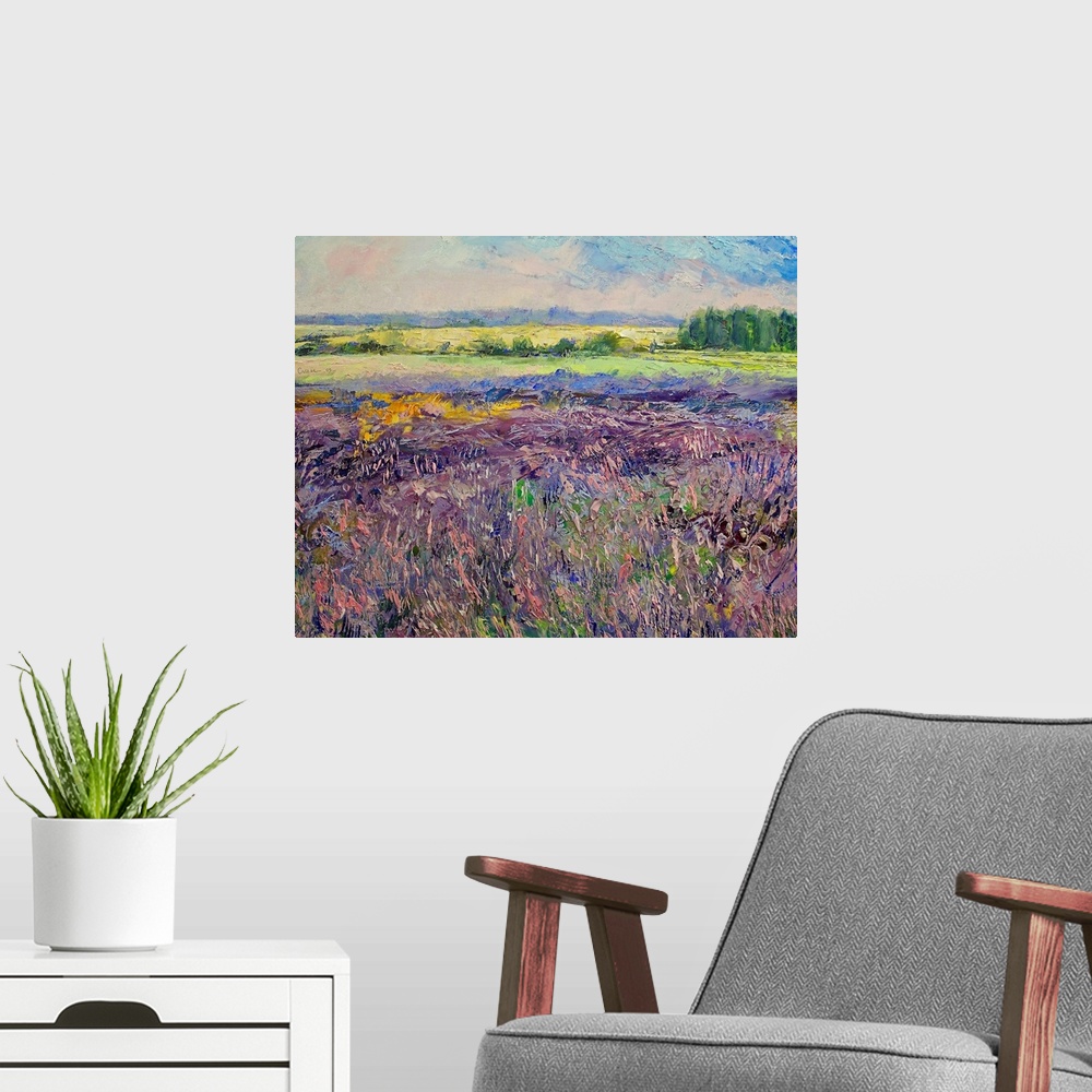A modern room featuring A field of flowers and farm land in France painted with contemporary impressionist flair.