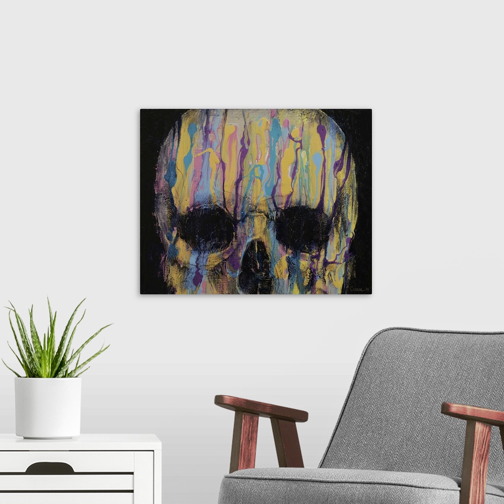 A modern room featuring A contemporary painting of human skull with multi-colored paint dripping from the top of its head.