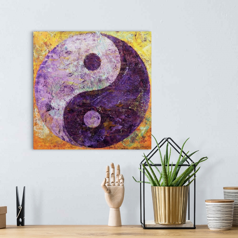 A bohemian room featuring A contemporary painting of a purple yin yang.