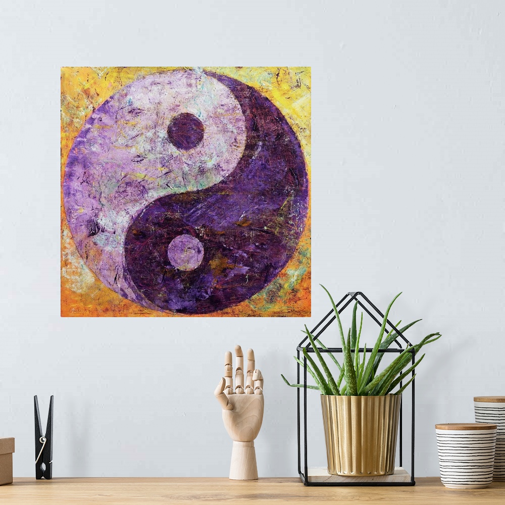A bohemian room featuring A contemporary painting of a purple yin yang.