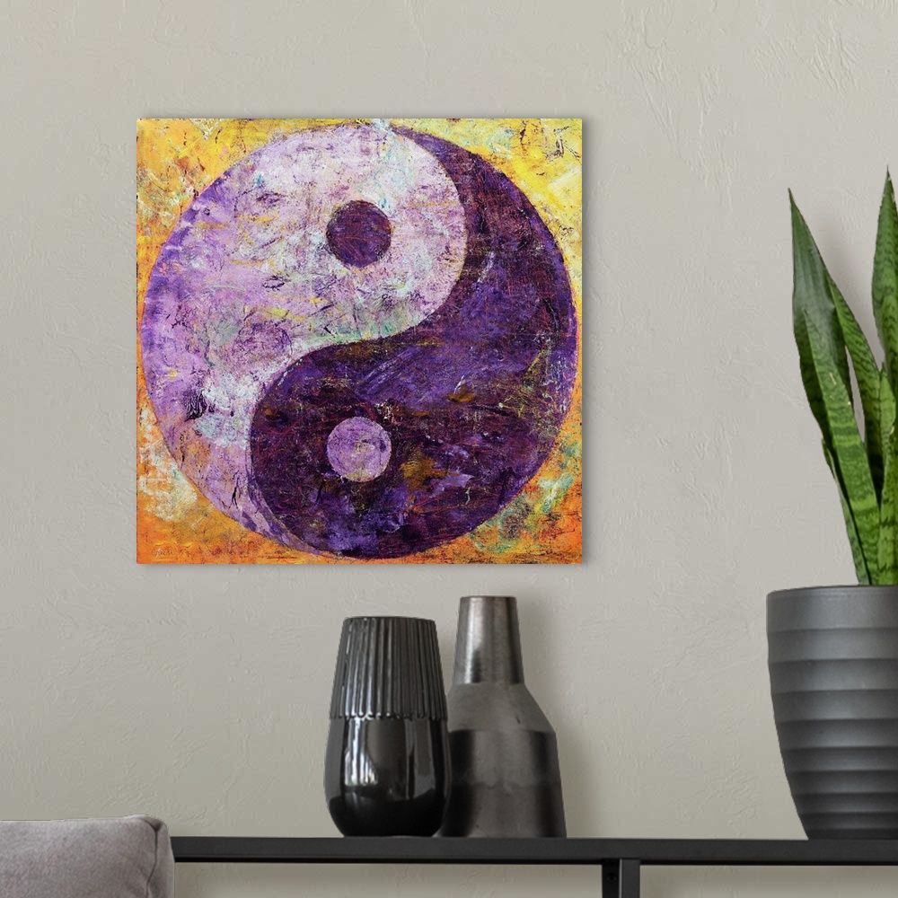 A modern room featuring A contemporary painting of a purple yin yang.