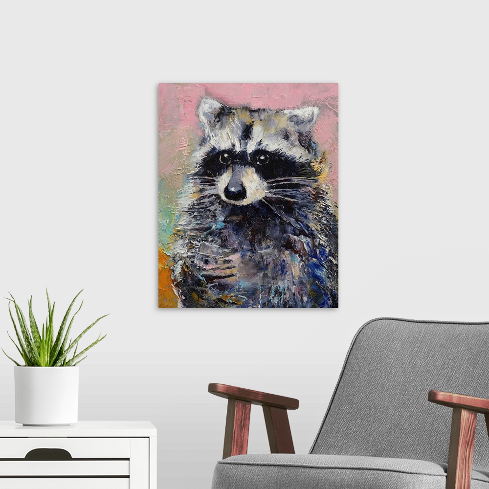 A modern room featuring A contemporary painting of a raccoon portrait.